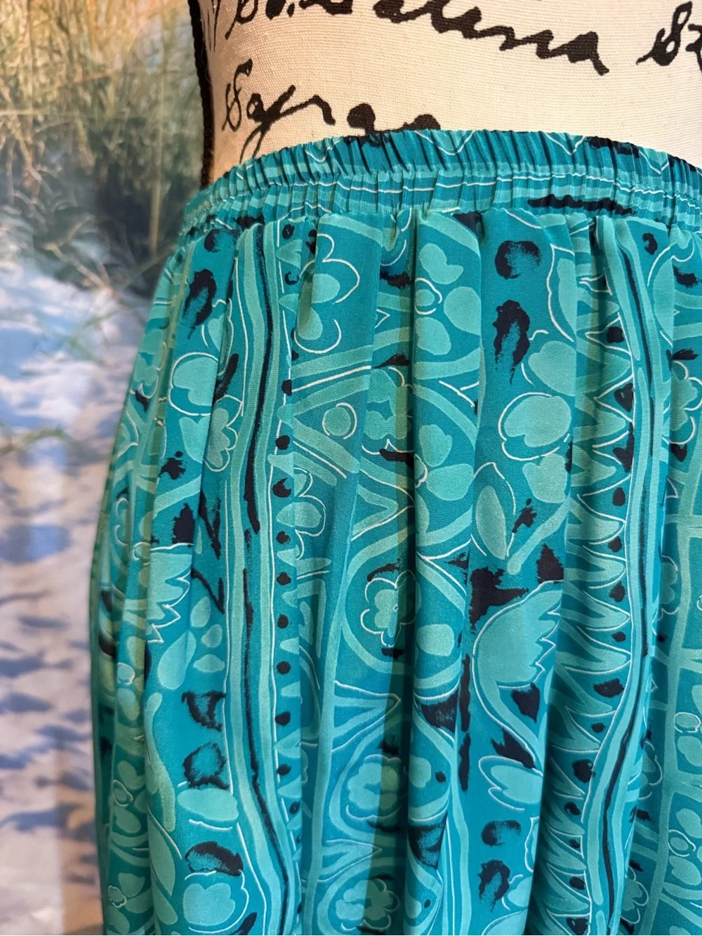 Vintage 90s Leslie Fay Teal Floral-Print Maxi Skirt